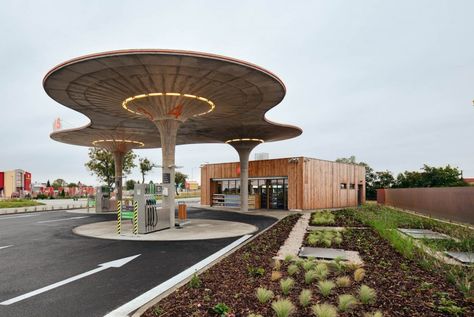 mod gas station, Matuskovo, Slovakia Googie Architecture, Pompe A Essence, Station Service, Petrol Station, Filling Station, Service Station, Blog Inspiration, Beautiful Hotels, Canopies