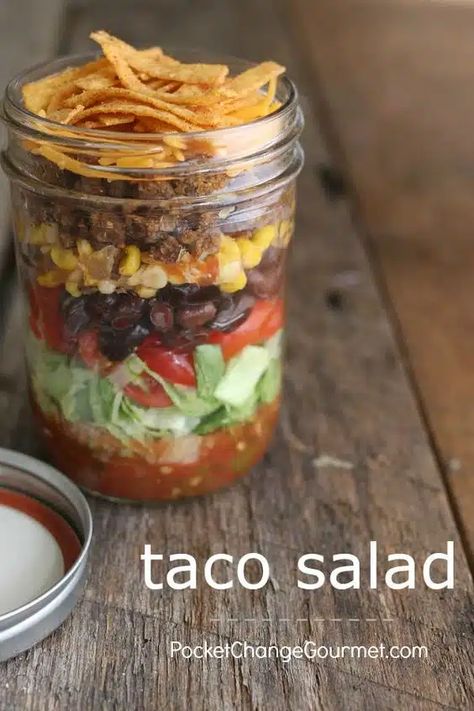 12 Mason Jar Salad Recipes Perfect for Meal Prepping Healthy Salad Jar Recipes, Taco Salad In A Jar Recipes, Canning Jar Salads, Lunch Jars Healthy, Mason Jar Salads With Chicken, Lunch In A Jar To Work, Cobb Salad In A Mason Jar, Salads In Jars Recipes, Mason Salad Jars Recipes