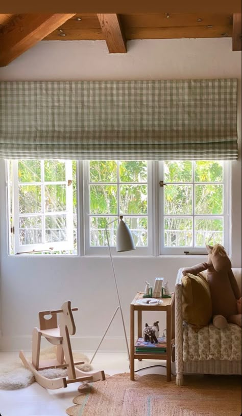 Gingham Curtains Nursery, Gingham Curtains Bedroom, Venice Bedroom, Gingham Nursery, Play Loft, Gingham Curtains, Cottage Renovation, Cottage Living Rooms, Home Curtains