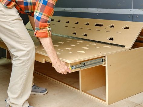 Diy Futon Frame, Convertible Couch Bed, Camper Furniture, Heavy Duty Drawer Slides, Diy Futon, Custom Mattress, Camper Beds, Van Bed, Convertible Couch