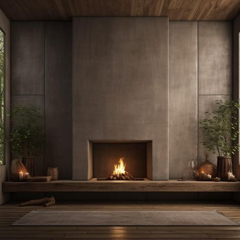 Japandi fireplace - 11 Stunning but Modest Examples Japanese Fireplace, Japandi Fireplace, Fireplace Minecraft, Japandi House, Minimalist Fireplace, Fireplace Diy, Japandi Home, Japandi Design, Concrete Fireplace