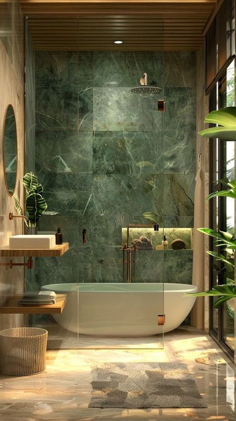 Biophilic Design Bathroom, Biophilic Decor, Biophilic Bathroom, Green Marble Bathroom, Biophilic Interior, Mediterranean Bathroom, Green Tile Bathroom, Functional Bathroom, Biophilic Design