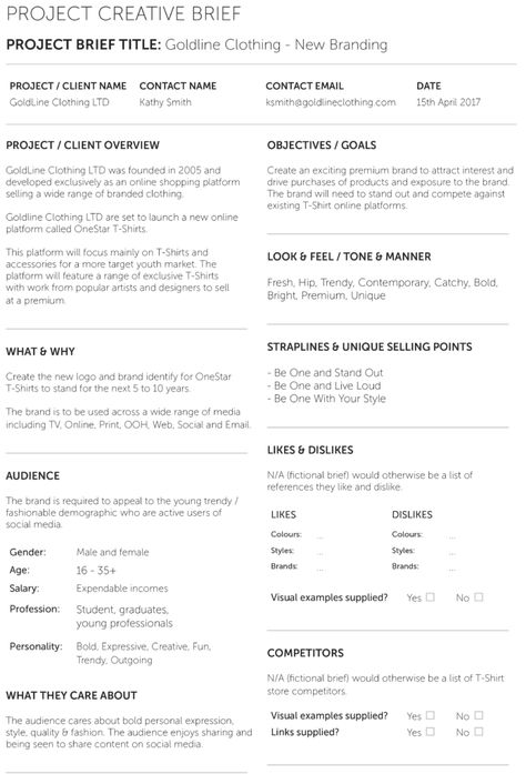 Design Brief Example-1 Fashion Design Brief Example, Client Brief Template, Creative Brief Template Marketing, Branding Brief Template, Creative Brief Template Design, Resource Guide Design, Creative Brief Example, Brand Brief Template, Graphic Design Deliverables