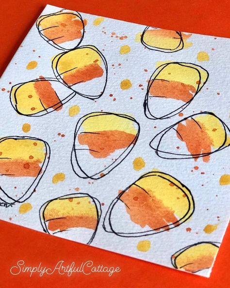 Candy Corn Painting On Canvas, Candy Corn Watercolor, Cute Candy Corn Drawings, Painted Candy Corn, Candy Corn Illustration, Candy Corn Art Projects For Kids, Halloween Water Coloring Ideas, Fall Water Coloring Ideas, Halloween Watercolor Art Easy