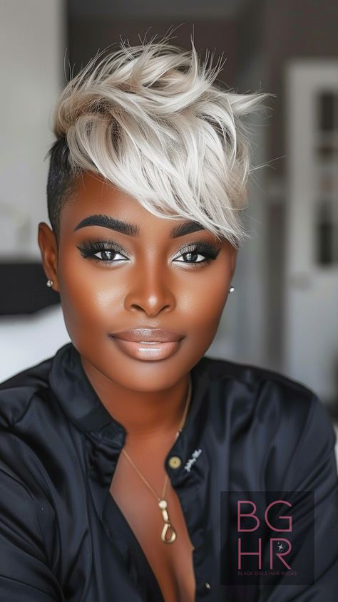 Rock a Sassy Pixie: Trendy Short Hairstyles for Black Women! – Black Girls Hair Rocks Mohawk With Shaved Sides Black Women, Hairstyles For Black Women In 40s, Colored Mohawk Woman, Fantasia Hairstyles Black Women, Short Sassy Hair Styles, Black And Blonde Pixie Haircut, Shave Designs For Women, Short Wigs For Black Women Pixie Cuts, Blond Hair Brown Roots