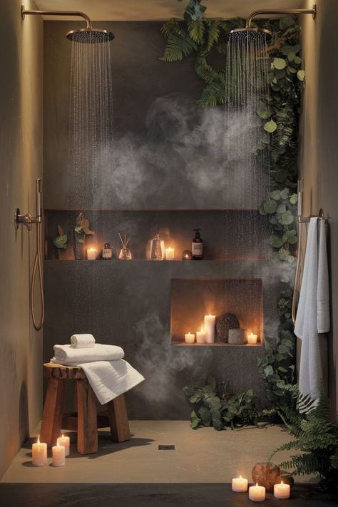 Walk-in shower with marble tiles and rainfall showerhead for a luxe experience. Walk In Rainfall Shower Ideas, Statement Master Bath, Luxury Shower Tile Ideas, Dark Spa Bathroom Ideas, Dark Spa Interior Design, Spa Vibes Bathroom, Spa Inspired Bathroom Black, Spa Bathroom Black, Steam Room Design