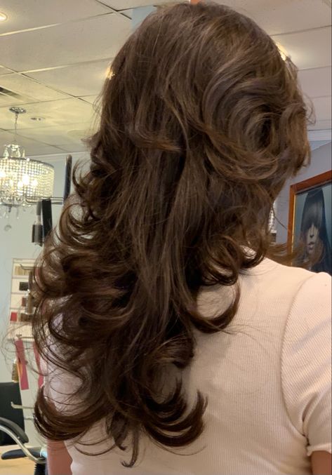 Hush Haircut Curly, 70s Layers Hair Long Shag, Fluffy Long Wolfcut, Layers For Long Hair Without Bangs, Wolfcut Fluffy Hair Long, Wolfcut Prom Hairstyles, 70s Haircut Layers, Cute Long Haircuts For Thick Wavy Hair, 70s Hair Shag Long