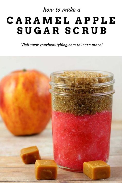 How to make a caramel apple sugar scrub recipe. This easy hand made scrub is for exfoliating the body, for hands, for legs, and for feet. This fall scrub looks cute in jars for packaging. It makes a great gift idea for Christmas, too. This simple DIY scrub uses brown sugar and white sugar. #sugarscrub #diy #diybeauty Easy Diy Scrub, Scrub Recipe Diy, Diy Sugar Scrub Recipe, Diy Body Scrub Recipes, Săpunuri Handmade, Body Scrub Recipe, Sugar Scrub Homemade, Homemade Scrub, Sugar Scrub Recipe