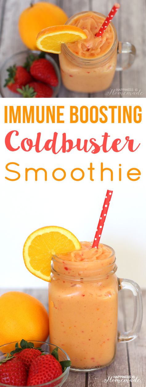 Stay healthy this cold and flu season with this delicious immunity boosting smoothie packed full of Vitamin C and antioxidants. Immunity Boosting Smoothie, Cold Buster, Resep Juice, Immune Boosting Smoothie, Smoothie Packs, Healthy Shakes, Magic Bullet, Breakfast Smoothies, Smoothie Shakes