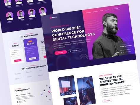 Evento - Event Conference Landing Page by Fanny Rifqi A F Event Site Design, Events Page Web Design, Conference Landing Page, Event Landing Page Design, Conference Website Design, Event Page Design, Event Website Design, Conference Website, Creative Conference