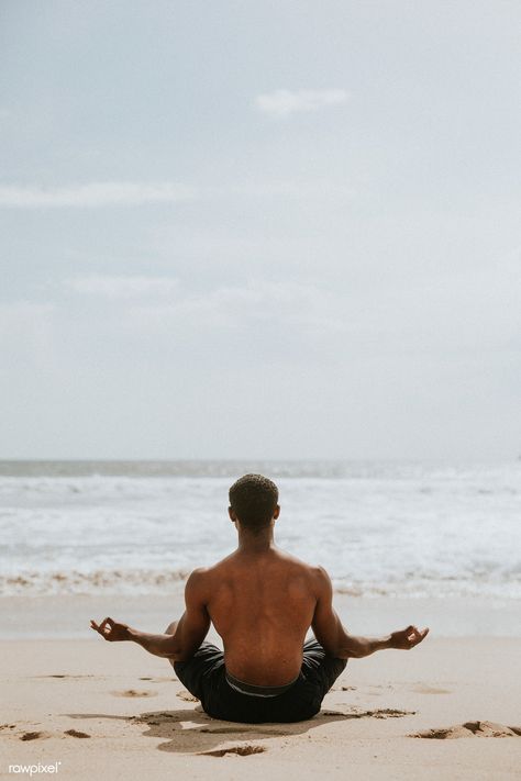 Black man meditating at the beach | premium image by rawpixel.com #photography #photos Men Meditation Aesthetic, Man Meditating Photography, Meditation Aesthetic Men, Mens Beach Photos, Mens Wellness Aesthetic, Beach Photography Men, Beach Photography Poses Men, Men In Beach, Men At Beach