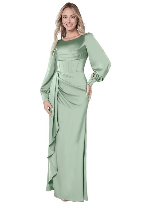 For any girl looking for a conservative and fashionable dress, Raye is for you. She features a modest boatneck neckline, full length bishop sleeves with buttons at the cuffs, a pleated drape over the bust, boning along the waist for support, pleats along her skirt to cover your tummy, and a stylish draped ruffle down the mermaid skirt. Modest Braidsmaid Dresses, Royal Blue Modest Dress, Sage Green Dress Modest, Plus Size Hijab Dress, Conservative Bridesmaid Dresses, Shein Graduation Dress, Modest Event Dresses, Sage Green Bridesmaid Dresses Modest, Wedding Party Dresses Guest