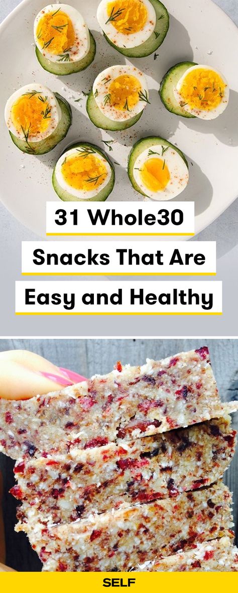 These 31 Whole30 snacks range from ideas you can make in bulk during Sunday meal prep (so you can eat them whenever) to recipes that need to be made fresh, but don't take longer than 10 minutes to throw together. Spiced nuts, grainless granola, and crispy green beans are some of the ones you can stock away for a rainy day, while deviled eggs and turkey-wrapped peaches will be ready in a pinch and make great appetizers to boot. #whole30 Snacks For Whole 30, Whole 30 Easy Snacks, Whole 30 Lunchables, Meal Prep For The Week Whole 30, Lazy Whole 30 Recipes, Protein Snacks Whole 30, Clean Snack Recipes, While 30 Snacks Easy, Healthy Whole 30 Snacks