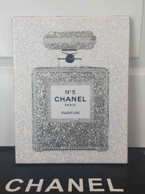 Canvas Wrapped Embellished Art Print Chanel No. 5 Perfume Bottle Sparkling Bling Glitter Rhinestone Crystals Wall Hanging 11 x 14 by PrintcessCharming on Etsy Chanel Bedroom Ideas, Chanel Bedroom, Chanel Pictures, Arte Glitter, Chanel Perfume Bottle, Chanel Wall Art, Perfume Chanel, Chanel Decor, Glitter Wall Art