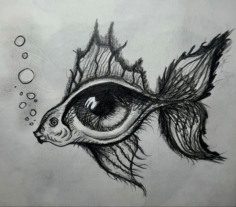 Surrealism Drawing Pencil, Surrealism Eye Drawing, Eye Fish Drawing, Cool Ink Drawings, Weird Eye Drawings, Surreal Eye Art, Ink Art Ideas, Fish Pencil Drawing, Fantastic Drawing