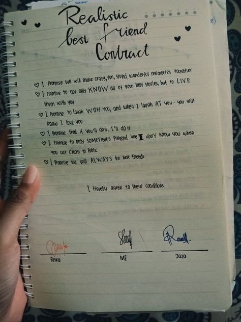 Realistic Friendship Contract, Farewell Things To Do, Realistic Best Friend Contract, Friendship Photo Album Ideas, Friendship Contract Ideas, Best Friend Notebook Ideas, Friendship Notebook Ideas, Bff Contract Ideas, Friendship Memory Book Ideas