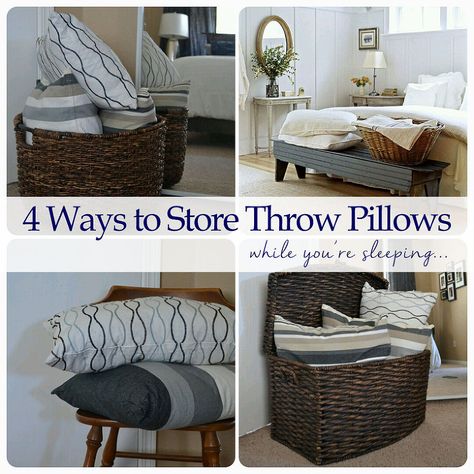 Storing Throw Pillows While You're Sleeping - Every night when I go to bed, I love walking in to this view.  A simply made bed with just a few throw pillows to… How To Wash Throw Pillows, Decorative Bed Pillows, Made Bed, Living Room Throws, Pillow Storage, Throw Pillows Bedroom, Throw Pillows Living Room, When I Go, White Throw Pillows