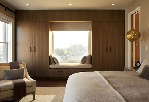 Pacific Heights Penthouse by De Meza + Architecture | HomeDSGN. I would love this idea in my bedroom, especially the window seat. Window Seat Design, Bedroom Wardrobe Design, Bedroom With Sitting Area, Build A Closet, Bedroom Closet Design, Wardrobe Design Bedroom, Bedroom Windows, Bedroom Furniture Design, Modern Bedroom Design