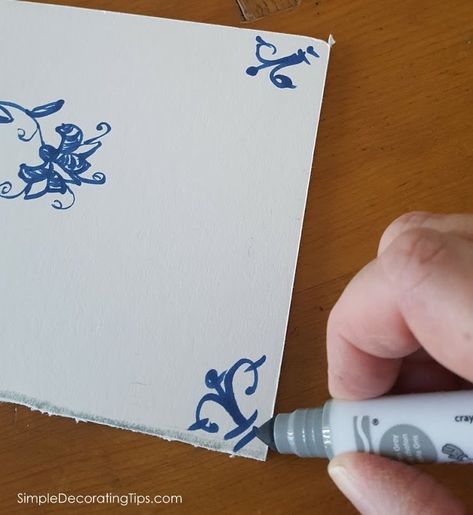 How I Made Faux Delft Tiles Antique Delft Tiles, Blue And White Kitchen Floor, Diy Delft Tile, Delft Tile Fireplace, Kaghaz Divari, Study Fireplace, Blue Tile Kitchen, Colonial Lounge, Diy Tiles