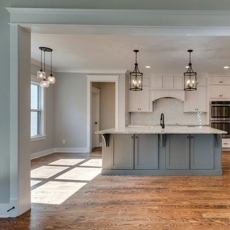 Gauntlet Gray SW 7019 - Neutral Paint Color - Sherwin-Williams Gauntlet Gray Sherwin Williams, Kitchen Cupboard Colours, Mindful Gray Sherwin Williams, Guest Bathroom Design, Gauntlet Gray, Perry Homes, Coastal Cottage Style, Grey Kitchen Island, Neutral Paint Color