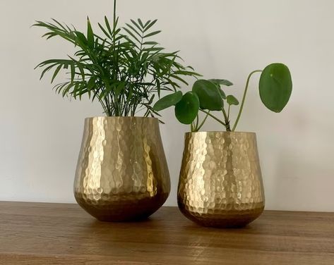 DSTUDIOhome - Etsy Gold Planter, Metal Flower Pots, Gold Vases, Brass Planter, Copper Pots, Metal Vase, Room With Plants, Hammered Metal, Plant Pots