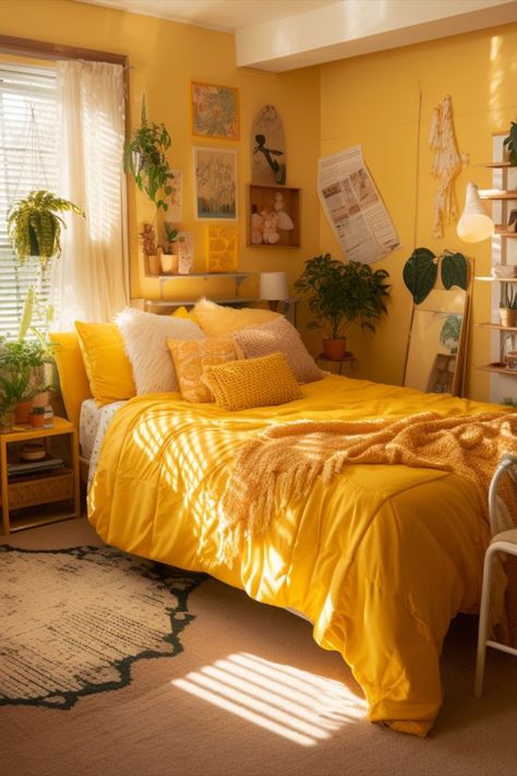 yellow dorm room decor Yellow Dorm Room Ideas, Yellow Dorm Room, Yellow Gray Bedroom, Yellow Bedroom Walls, Yellow Room Decor, Room Ideas Bohemian, Room Decor Inspiration, Brown Rooms, Dorm Room Ideas