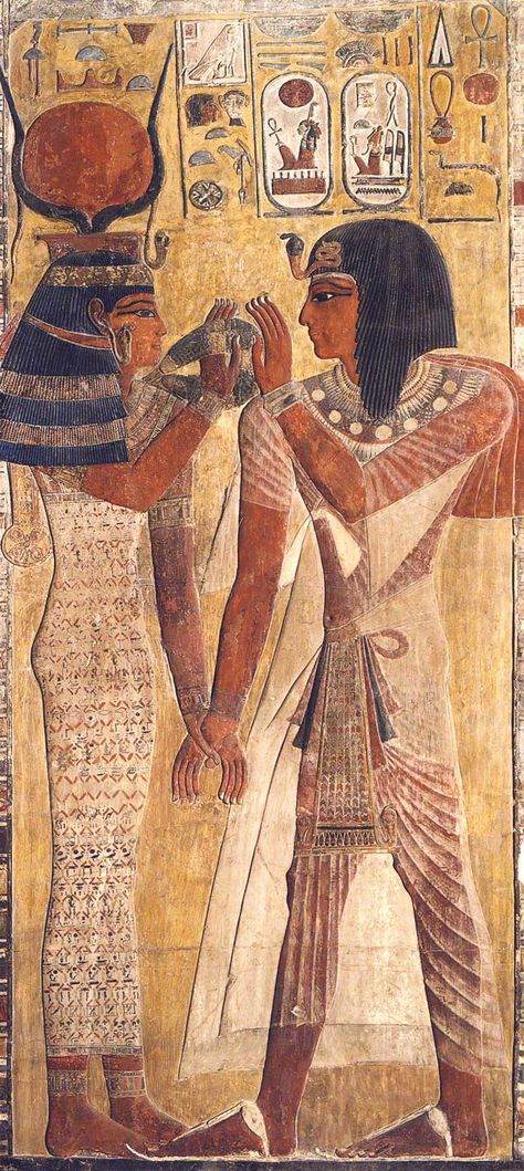 Hathor and Seti I, detail of a pillar in the tomb of Sety I, 1300 BC, painted plaster on limestone Starověký Egypt, Kemet Egypt, Egyptian Painting, Egyptian Artifacts, Ancient Egypt Art, Egypt History, Egyptian Mythology, Egypt Art, Egyptian History