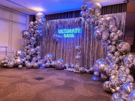 Birthday Party Decorations Banquet Hall, Chrome Party Decorations, Galactic Birthday Party, Chrome Party Theme, Disco Theme Party, Disco Birthday Party, Disco Party Decorations, Prom Themes, Disco Theme