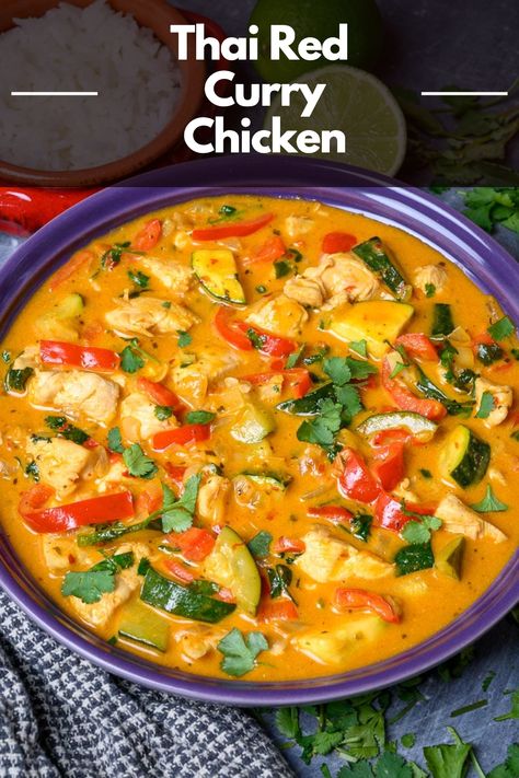 Craving some spicy comfort food? This Thai red curry chicken could be just what you need. It's simple, packed with spices, and perfect for a cozy night in. Red Thai Curry Vegetarian, Thai Chicken Curry Soup, Thai Red Curry Chicken, Thai Red Curry Recipe, Curry Chicken Recipe, Red Curry Recipe, Chicken Curry Soup, Thai Curry Recipes, Thai Chicken Curry