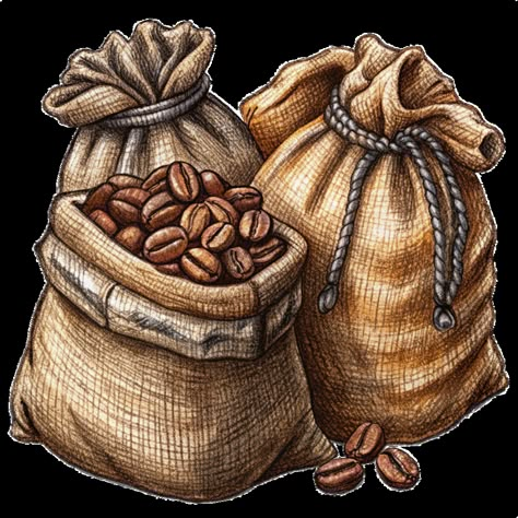 Image of Roasted Coffee Beans in Hemp Sacks Art Coffee Bean Cartoon, Coffee Bean Art, Coffee Poster Design, Whimsical Art Journal, Bean Plant, Coffee Jars, Creative Bookmarks, Coffee Drawing, Roasted Coffee Beans