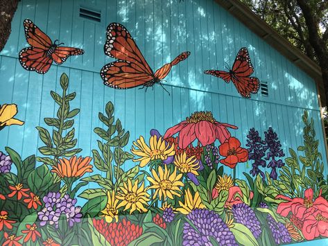 Flowers Painted On Fence Backyards, Flower And Butterfly Mural, Garden Mural Outdoor Wall Art Diy, Big Flower Mural, Spray Paint Mural Wall Art, Garden Mural Outdoor Wall Art Paint, Mural Fence Painting, Garden Mural Ideas, Fairy Garden Mural