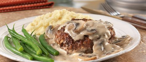 Mushroom-Smothered Beef Burgers | Campbell’s® Recipes Smothered Beef, Mushroom Burger Recipe, Burger Recipes Beef, Mushroom Sauce Recipe, Salisbury Steak Recipes, Mushroom Burger, Cream Of Mushroom Soup, Creamy Mushroom Sauce, How To Cook Beef