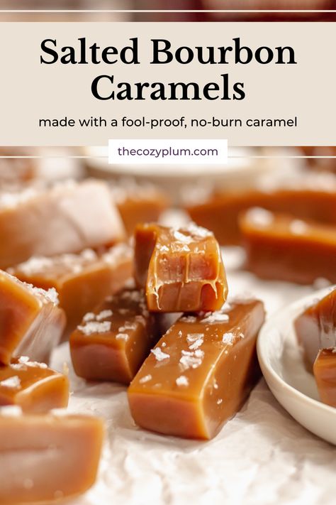 Soft and chewy bourbon caramels are topped with flaky sea salt and are the perfect sweet and salty treat for whiskey lovers! Made with a fool-proof, no-burn caramel, these whiskey caramels have a perfectly caramelized vanilla flavor with a smooth bourbon finish. Salted Caramel Candy Recipe, Caramel Candies Recipe, Salted Caramel Candy, Bourbon Caramel, Bourbon Caramels, Salted Caramels, Candy Recipe, Caramel Candy, Homemade Caramel