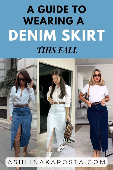 15+ simple denim skirt outfit ideas you will want to wear this Fall — ASHLINA KAPOSTA Jean Skirt Outfits Work, Denim Skirt Plaid Shirt, Denim Skirts For Women Over 50, Texas Skirt Outfit, Denim Skirt Outfits Fall, Denim Long Skirt Outfit Summer, Jean Maxi Skirt Outfit Fall, Plus Denim Skirt Outfit, Maxi Jean Skirt Outfits Fall