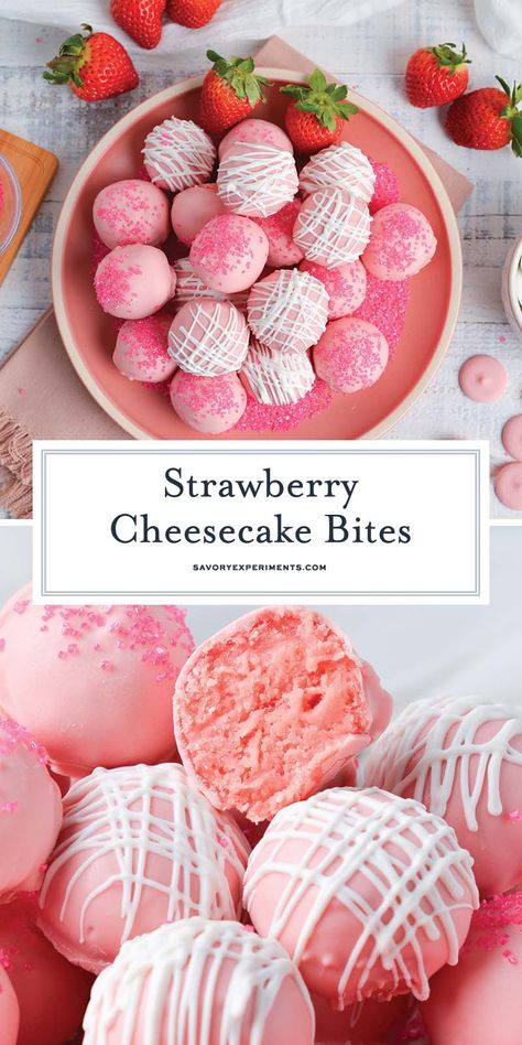 These easy, creamy no-bake Strawberry Cheesecake Bites have an irresistible sweetened cream cheese filling and a slightly crunchy coating! Desserts To Make Your Boyfriend, Cream Cheese Cake Pop, Strawberry Cheesecake Truffles, Cream Cheese Bites No Bake, No Bake Strawberry Cheesecake Bites, Strawberry Easy Dessert, Fun Summer Desserts Easy, Philadelphia No Bake Cheesecake Filling Recipes, Treat Ideas To Sell