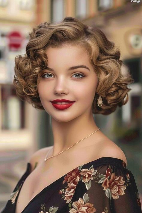 Short Glamour Hair, Short Curly Vintage Hairstyles, Retro Curls Medium Hair, Pin Curls On Short Hair, Old Hollywood Glam Hair Short, Hollywood Glam Hairstyles, Glam Hairstyles For Short Hair, Pinned Curls, Old Hollywood Hairstyles