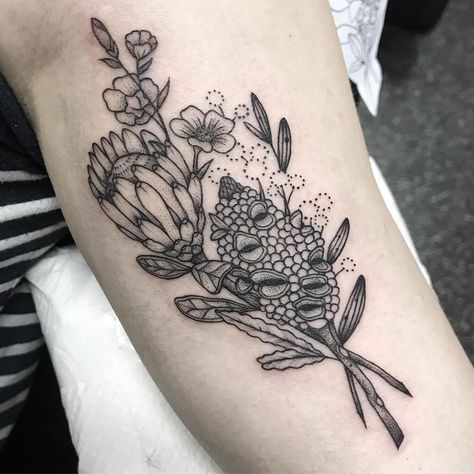 Banksia Tattoo, Wattle Tattoo, Queen Protea, Flower Bouquet Tattoo, Native Tattoos, Bouquet Tattoo, Australian Flowers, Australian Native Flowers, Native Australians