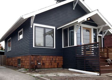 blue Navy House Exterior, Pnw Design, Dark Blue Houses, Navy Houses, House Paintings, Steel Siding, Garage Loft, Dream Things, Blue Exterior