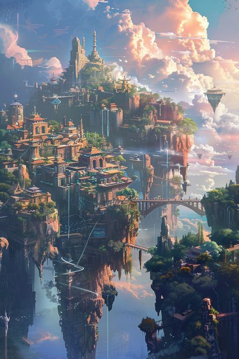 Air Fantasy World, Floating Cities Fantasy Art, Floating Fantasy Island, Fantasy Floating City Concept Art, Dnd Floating City, City In The Sky Fantasy Art, Fantasy Sky Island, Fantasy Flying City, Floating City Aesthetic