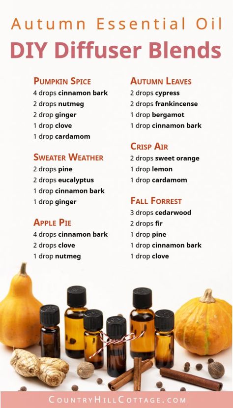 Learn how to make your home smell like autumn with 6 seasonal essential oil blends for fall! Autumn essential oils provide cozy fall fragrances & calming natural scents to enjoy all season long. Fall essential oil diffuser blend recipes are easy and will help you relax. The DIY essential oil blends are great air freshener and good for aromatherapy, home fragrance, relaxation, focus, energy & purification. #diffuserblends #essentialoils #fall #autumn #aromatherapy #diy | countryhillcottag Fragrance Oil Recipes, Diy Diffuser Blends, Diy Essential Oil Diffuser, Cosy Fall, Fall Essential Oils, Fall Diffuser Blends, Fragrance Oil Blends, Essential Oil Diffuser Blends Recipes, Diy Essentials