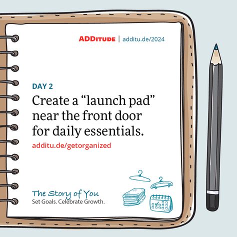 Create a “launch pad” near the front door for daily essentials. additu.de/getorganized Ways To Get Organized, Executive Dysfunction, Launch Pad, Mentally Strong, Todo List, Clean Home, Get Organized, Daily Essentials, Body And Soul