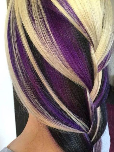 Blonde And Purple, Chunky Highlights, Hair Transition, Peekaboo Hair, Hair Gray, Silver Blonde, Blending Gray Hair, Hair Pixie, Hair Color Highlights