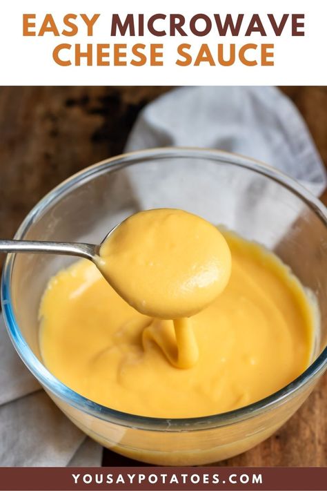 Spoon in a bowl of microwave cheese sauce. Easy Nacho Cheese Sauce Velveeta, Melt Cheese On Stove, Homemade Velveeta Cheese Sauce, How To Melt Velveeta Cheese, Auntie Annes Cheese Sauce Copycat, Small Batch Cheese Sauce, Homemade Cheese Whiz, Velveeta Cheese Sauce Recipe, Cheese Whiz Dip