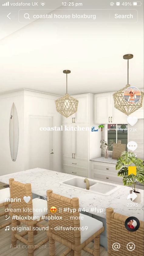 Summer Bedroom Bloxburg, Bloxburg Coastal Office Ideas, Costal Bloxburg Laundry Room, Coastal Bloxburg Kitchen, Bloxburg Beach House Interior, Coastal Kitchen Bloxburg, Bloxburg Beach House Layout, Beach House Layout, Bloxburg Beach House