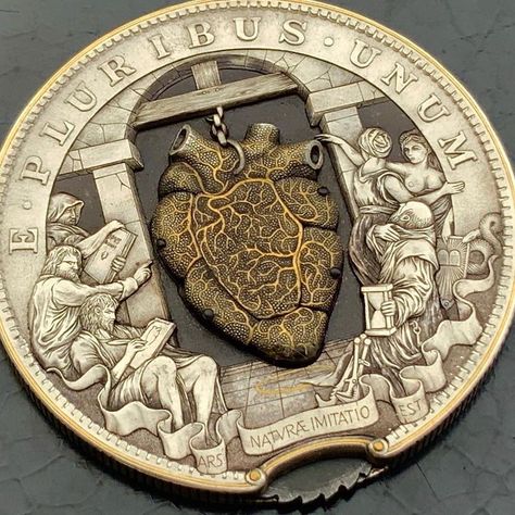 Hobo nickel artist Roman Booteen hand-carved this incredibly intricate coin that that features a mechanical beating heart. Kinetic Art, Heart Coin, Custom Coins, Hobo Nickel, Coin Art, Coin Design, Relief Sculpture, Beating Heart, Metal Engraving