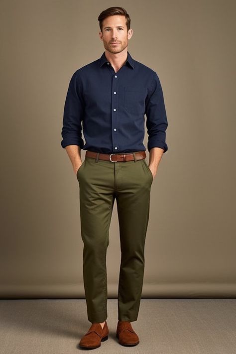 Navy Blue Button-Down Shirt and Forest Green Pants Green Casual Pants Outfit, Men Olive Green Pants Outfit, Casual Wedding Men Outfit, Green Pant Outfits Men, Blue Pants Men Outfit, Dark Green Chinos Outfit Men, Olive Green Pants Outfit Men Casual, Navy Dress Pants Outfit Mens, Dark Olive Green Outfit