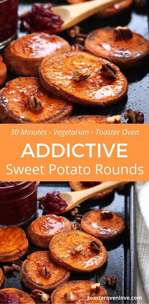 Sweet potato slices seasoned with coconut oil, salt and cinnamon then roasted to caramelized perfection. Better make two batches, you won’t want to share! #sweetpotato #healthy #vegan #toasteroven Cinnamon Appetizers, Coconut Sweet Potato, Sweet Potato Rounds, Vegetable Recipes For Kids, Potato Rounds, Potato Slices, Baked Sweet Potatoes, Sweet Potato Slices, Roasted Sweet Potato