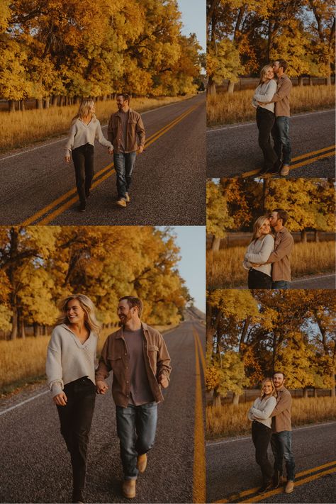 Fall Color Engagement Pictures, Engagement Photo Outfits For Men Fall, Fall Rustic Engagement Photos, Engagement Photos Midsize, Fall Outfits Engagement Photos, Engagement Photos On Bridge, Engagement Photo Ideas Fall, Montana Engagement Photos, What To Wear For Fall Engagement Photos