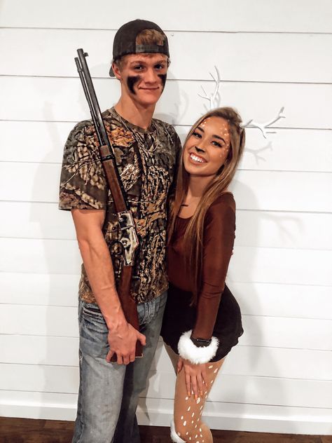 Cute Partner Halloween Costumes, Cute Halloween For Couples, Couple Deer And Hunter Costume, Hunting Costume Ideas, Country Costumes For Couples, Hunting Couple Halloween Costumes, Couple Halloween Ideas Costumes, Bf And Gf Costume Ideas, Hunter And Dear Costume