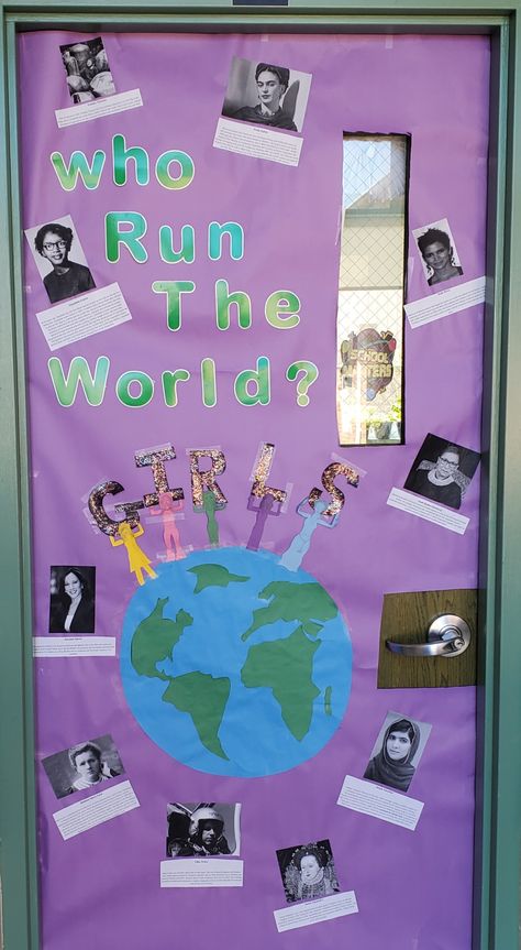 "Who run the world...GIRLS" is a Beyoncé song, that I felt fit perfectly for our classes Women's Her-story month decor. I drew women of different races and sizes in rainbow colors to each hold up a letter spelling "girls" standing on top of the world. Picked some of the many inspirational women from history, and wrote a brief description of their accomplishments. This was a hit with students, staff, and admin. Women’s Month Door Decoration, Womens History Door Decoration, Women History Month Door Decorations, Beyonce Bulletin Board, Women’s Month Bulletin Board, Women History Month Bulletin Board Ideas, Womens Month Bulletin Board, Woman’s History Month Bulletin Board, Women’s History Month Door Decoration